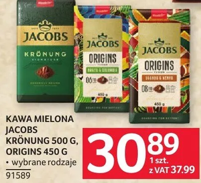Kawa mielona Jacobs Krönung 500 g, Origins 450 g wybrane rodzaje promocja w Selgros