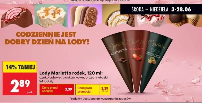 Lody rożek Marletto truskawkowe 120 ml promocja w Biedronka