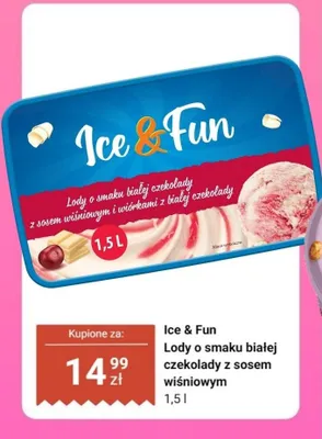 Lody o smaku białej czekolady z sosem wiśniowym i wiórkami z białej czekolady Ice & Fun promocja w Dino