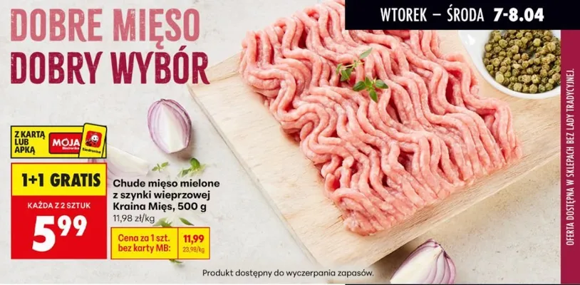 Mięso mielone chude z szynki wieprzowej 1+1 GRATIS promocja w Biedronka