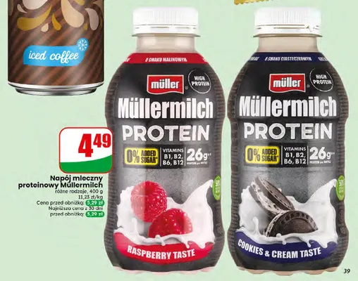 Napój mleczny proteinowy Müllermilch Protein o smaku ciasteczkowym promocja w Dino