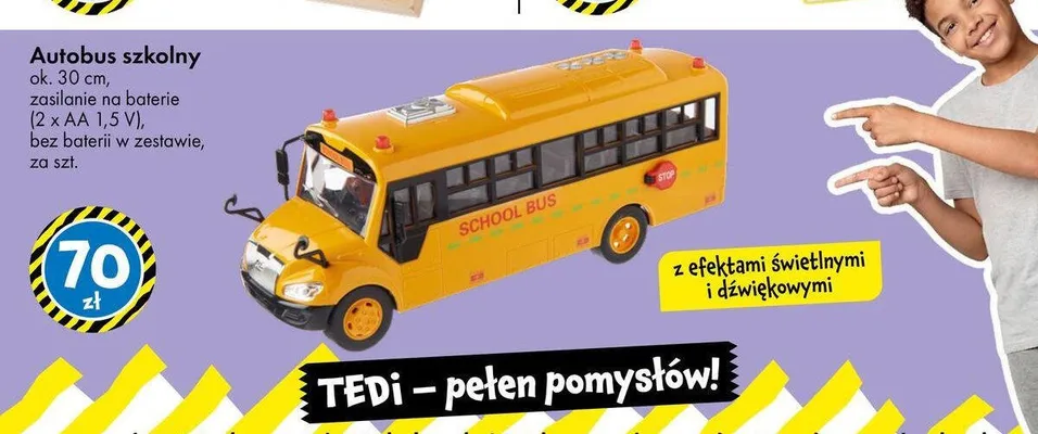 Autobus szkolny z efektami świetlnymi i dźwiękowymi promocja w Tedi