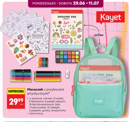 Plecaczek z przyborami artystycznymi Kayet promocja w Biedronka