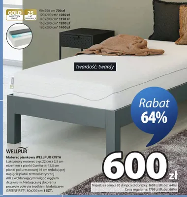 Materac piankowy Wellpur Kvita 140x200 cm promocja w Jysk