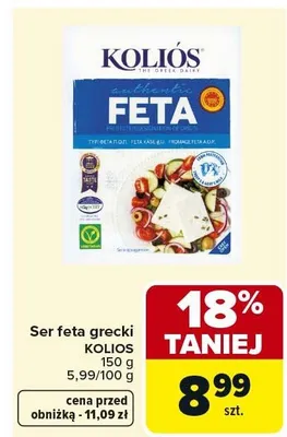 Ser feta grecki KOLIOS 150g promocja w Carrefour Market