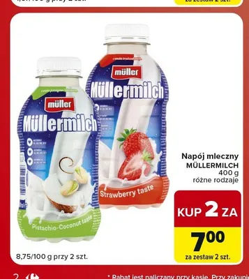 Napój mleczny o smaku pistacjowo-kokosowym Müllermilch promocja w Carrefour Market