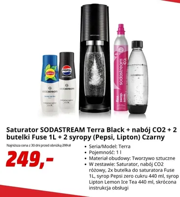 Saturator Sodastream Terra Black + nabój CO2 + 2 butelki Fuse 1 l + 2 syropy Pepsi Lipton promocja w Media Markt