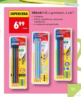 Ołówki HB z gumką i temperówką Colorino metaliczne promocja w Biedronka