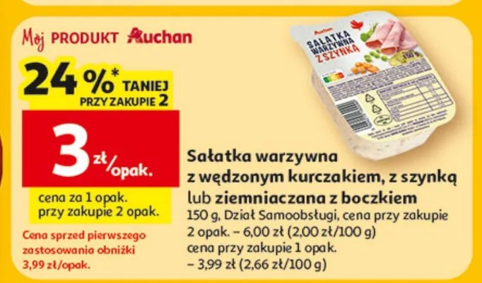 Sałatka warzywna z wędzonym kurczakiem, z szynką lub ziemniaczana z boczkiem promocja w Auchan