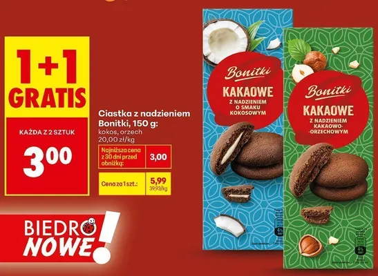 Ciastka kakaowe z nadzieniem kakaowo-orzechowym Bonitki promocja w Biedronka