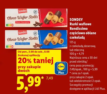 Rurki waflowe Rondissimo z czekoladą mleczną Sondey promocja w Lidl