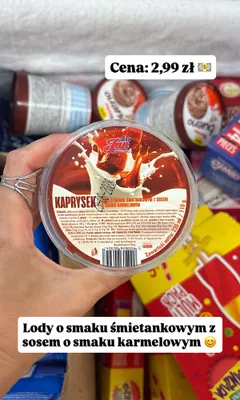 Lody Kaprysek o smaku śmietankowym z sosem karmelowym Lody Jan promocja w Dino