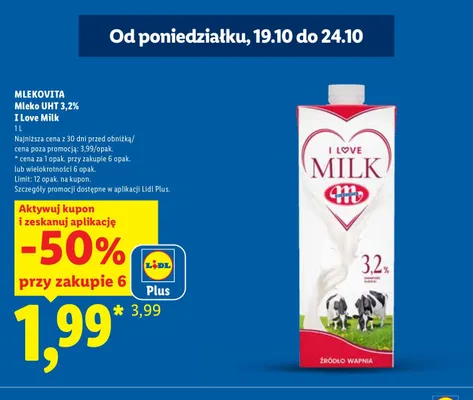 Mleko UHT Mlekovita I Love Milk 3,2% promocja w Lidl
