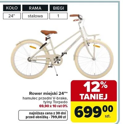 Rower miejski 24" hamulec przedni V-brake, tylny Torpedo promocja w Carrefour