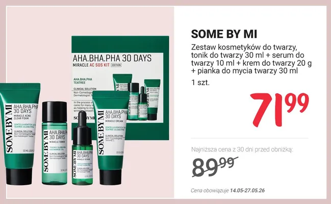 Zestaw kosmetyków do twarzy SOME BY MI tonik do twarzy 30ml + serum do twarzy 10ml + krem do twarzy 20g + pianka do mycia twarzy 30ml promocja w Rossmann