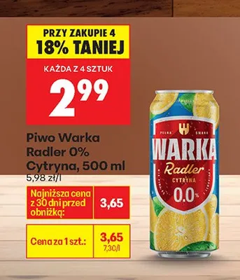 Piwo Warka Radler 0% Cytryna 500 ml promocja w Biedronka
