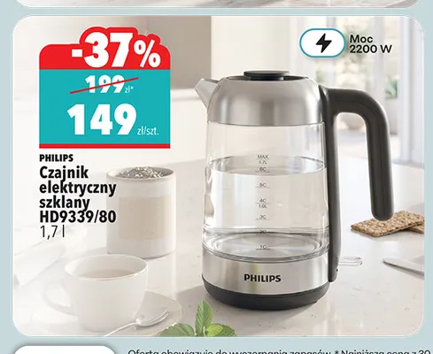 Czajnik elektryczny szklany HD9339/80 1,7 l Philips promocja w Biedronka