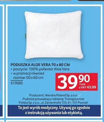 Poduszka Aloe Vera Wendre 70x80 cm promocja w Selgros