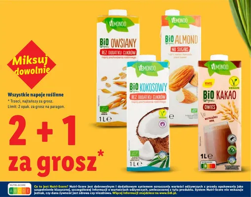 Wszystkie napoje roślinne 2+1 ZA 1 GROSZ promocja w Lidl