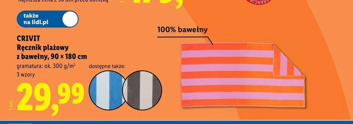Ręcznik plażowy z bawełny CRIVIT 90x180cm promocja w Lidl