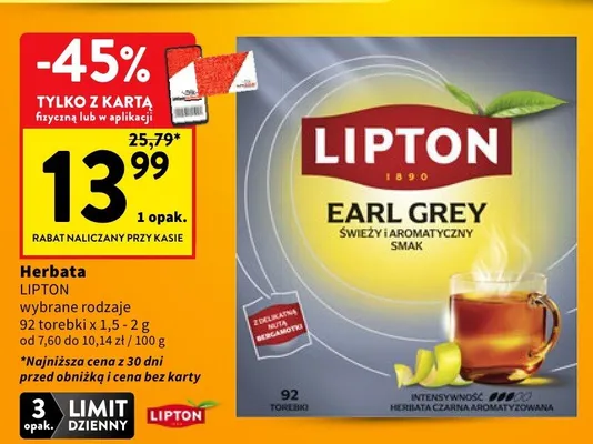 Herbata Lipton Earl Grey wybrane rodzaje 92 torebki promocja w Intermarche