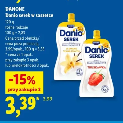 Danio serek w saszetce truskawka Danone promocja w Lidl