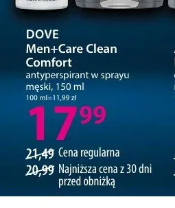 Antyperspirant w sprayu męski DOVE Men+Care Clean Comfort promocja w Hebe