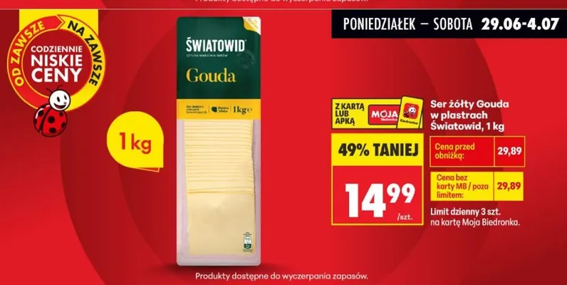 Ser żółty Gouda w plastrach Światowid promocja w Biedronka