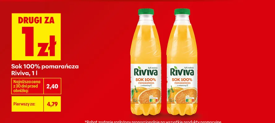 Sok pomarańcza Riviva 100% promocja w Biedronka