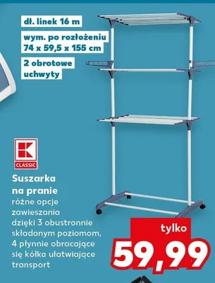 Suszarka na pranie różne opcje zawieszania dzięki 3 obustronnie składanym poziomom, 4 płynne obracające się kółka ułatwiające transport, poj. 14,5 l promocja w Kaufland
