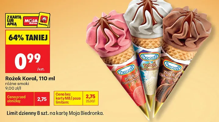 Lody rożek śmietankowy Koral promocja w Biedronka