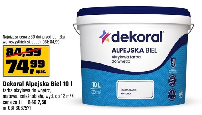 Farba akrylowa Alpejska Biel do wnętrz, matowa, zmiezobotała, wyd. do 12 m²/l promocja w OBI