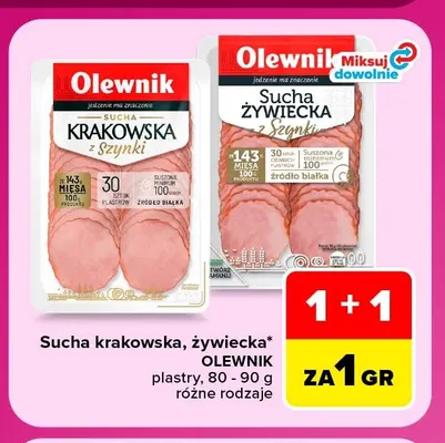 Kiełbasa sucha żywiecka w plastrach Olewnik promocja w Carrefour