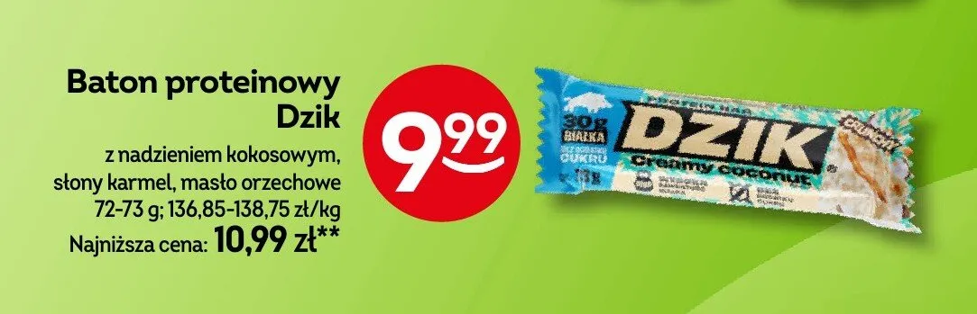 Baton proteinowy z nadzieniem kokosowym, słony karmel, masło orzechowe promocja w Żabka