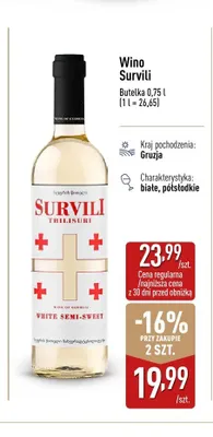Wino Survili Tbilisuri białe półsłodkie promocja w Aldi