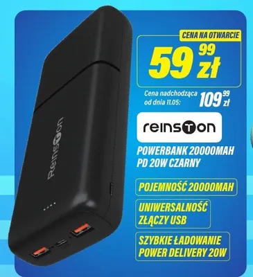 Powerbank Reinston 20000mAh PD 20W czarny promocja w RTV EURO AGD
