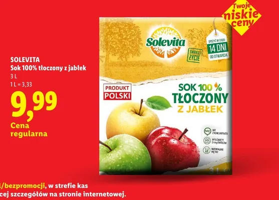 Sok 100% tłoczony z jabłek Solevita promocja w Lidl