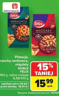 Pistacje, orzechy nerkowca, migdały NOBLE FELIX promocja w Carrefour Market