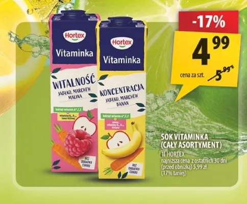 Sok Vitaminka Witalność jabłko marchew malina Hortex promocja w Arhelan