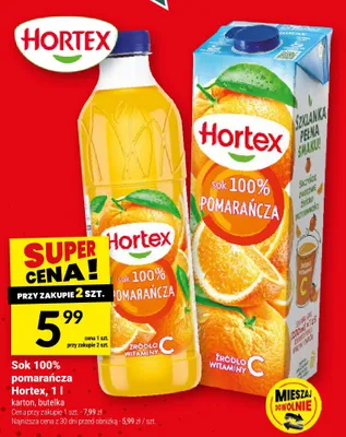 Sok pomarańcza Hortex karton 100% promocja w Twój Market