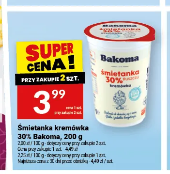 Śmietanka kremówka Bakoma 30% promocja w Twój Market
