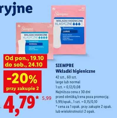 Wkładki higieniczne klasyczne normal Siempre promocja w Lidl