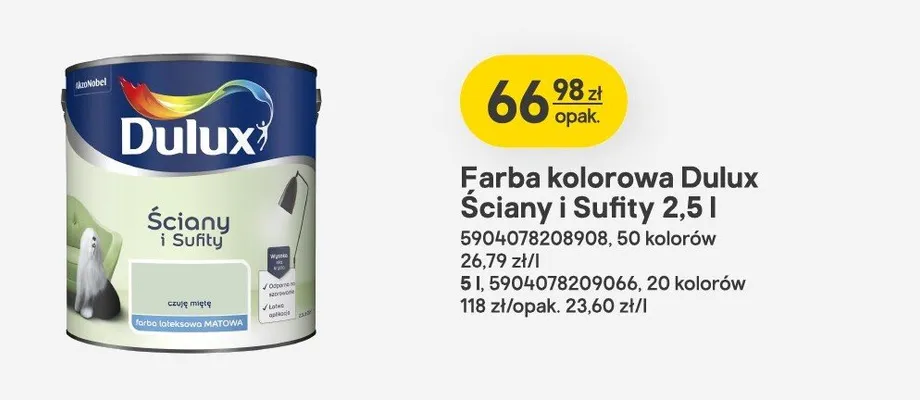 Farba kolorowa Dulux Ściany i Sufity promocja w Castorama