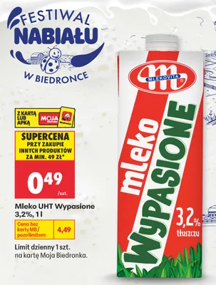 Mleko UHT Wypasione Mlekovita 3,2% promocja w Biedronka