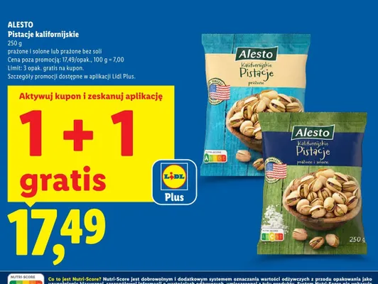 Pistacje kalifornijskie prażone bez soli Alesto promocja w Lidl