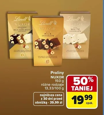Praliny Lindt Nuxor Assortment Milk, Dark, White Chocolate 150g promocja w Carrefour