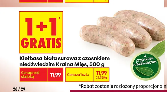 Kiełbasa biała surowa z czosnkiem niedźwiedzim Kraina Mięs promocja w Biedronka