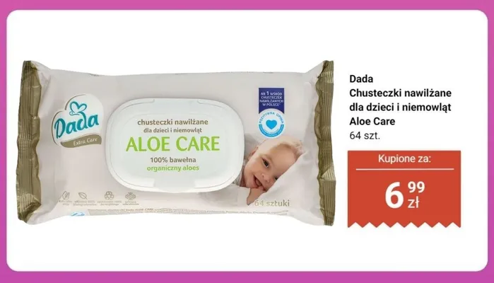 Chusteczki nawilżane dla dzieci i niemowląt Dada Extra Care Aloe Care promocja w Biedronka
