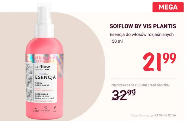 Esencja do włosów rozjaśnianych So!flow by Vis Plantis promocja w Rossmann
