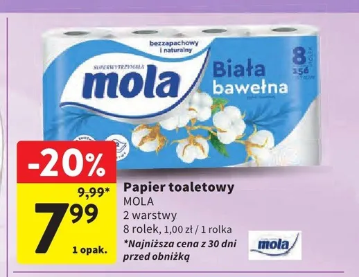 Papier toaletowy Mola Biała Bawełna 2-warstwowy promocja w Intermarche